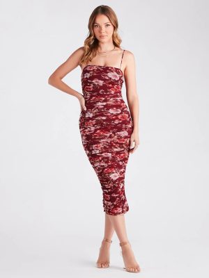 Fresh In Floral Ruched Mesh Midi Dress