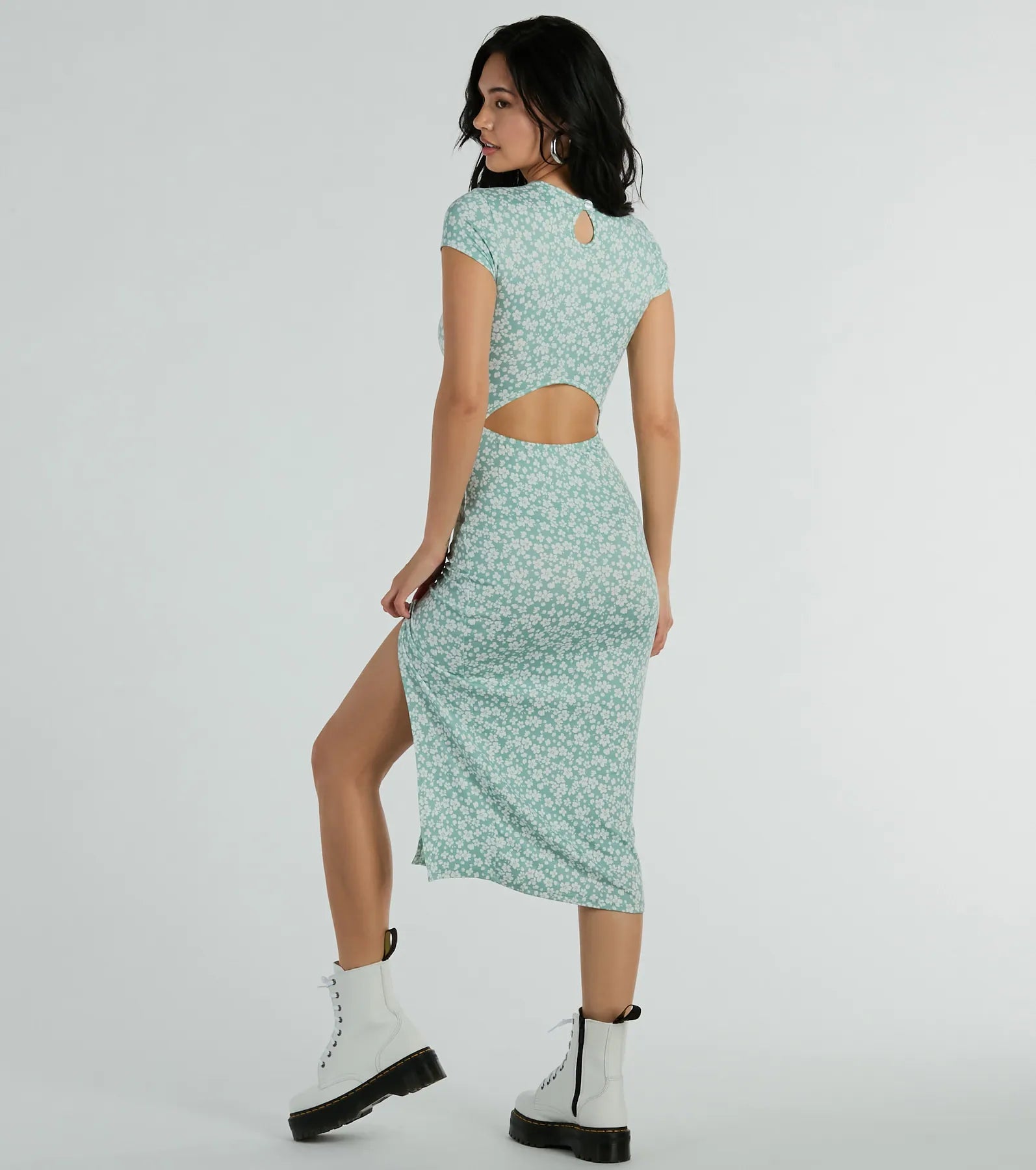 Spring Fling High Slit Ditsy Floral Knit Midi Dress - Image 2