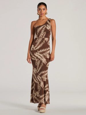 Out Of Office One Shoulder Tropical Maxi Dress