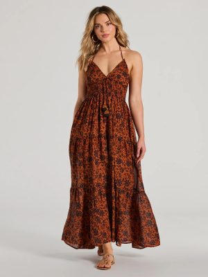 Stunning One Halter V-Neck Ruffle Floral Maxi Dress