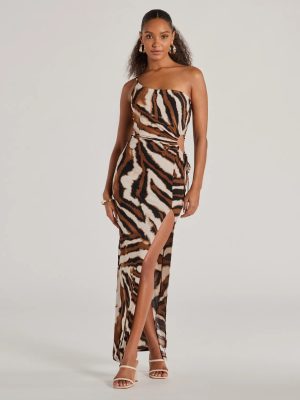 A Little Wild One-Shoulder Zebra Print Maxi Dress