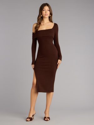 Chic Style Ribbed Knit Off-Shoulder Midi Dress