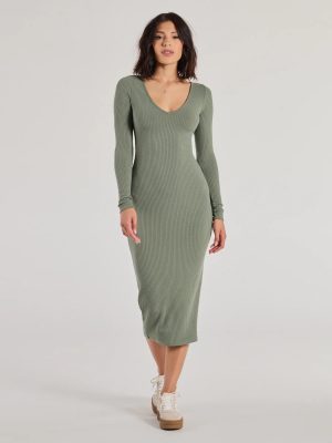 Casual Chic Style Long Sleeve Ribbed Knit Midi Dress