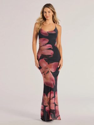 Pretty Blooms Floral Mesh Halter Maxi Dress