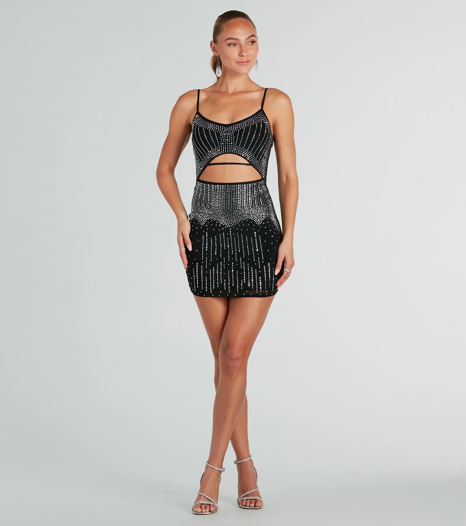 Glitzy Cutout Rhinestone Mesh Mini Party Dress - Image 3