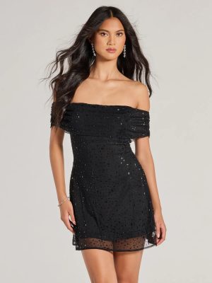 Sparkling Luxe Rhinestone Mesh Off-The-Shoulder Mini Dress
