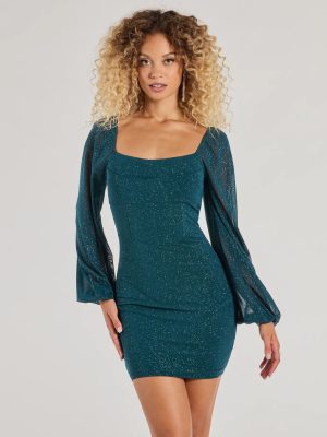 Glitzy Affair Glitter Mesh Long Sleeve Mini Dress