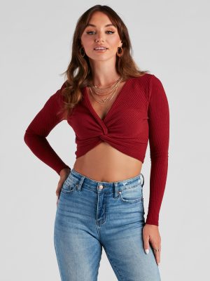 Trendy Twist-Front Ribbed Knit Crop Top