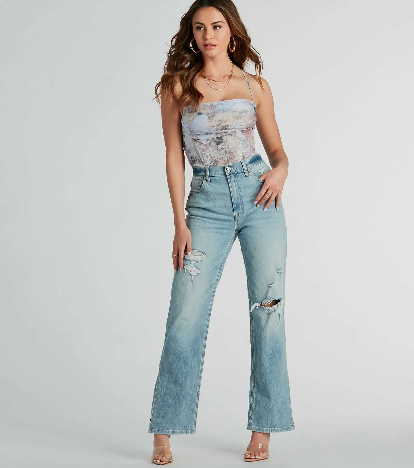 Sunset Dream Scroll Print Mesh Corset Top - Image 2