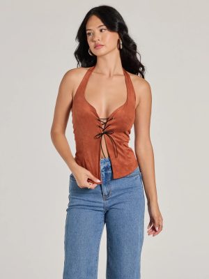 Country Girlie Halter Lace-Up Faux Suede Crop Top