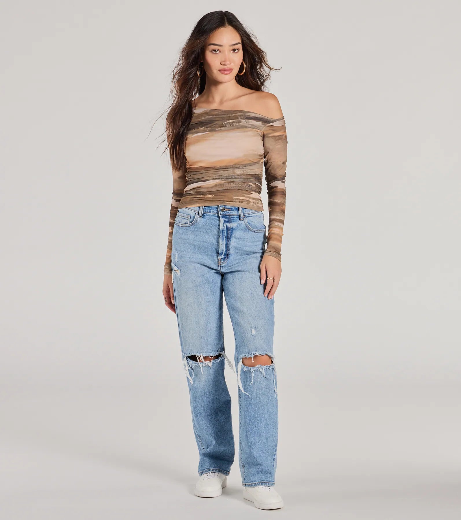 Trendy Abstract Mesh Off-Shoulder Top - Image 3