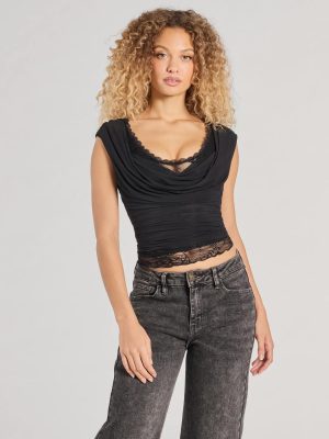 Just A Peek Cap Sleeve Lace Mesh Crop Top