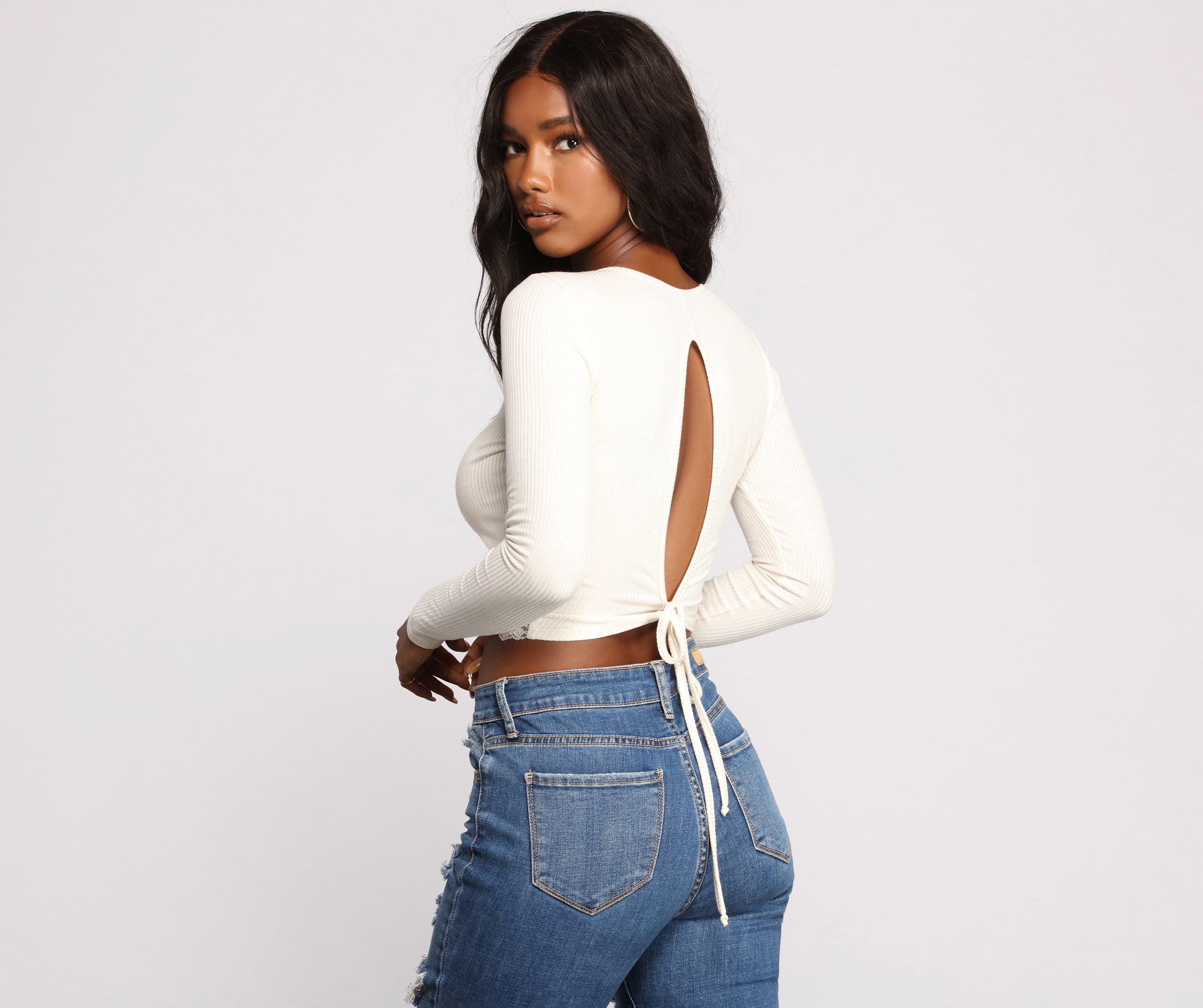 Ribbed Tie Back Lace Hem Crop Top - Image 10