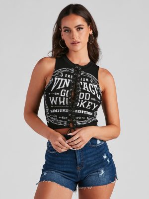 Whiskey Girl Lace-Up Graphic Top