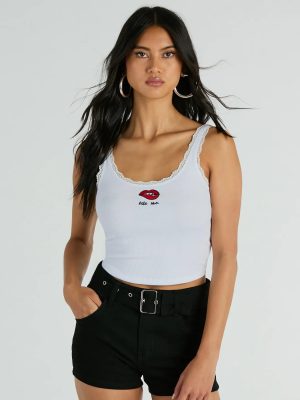 Bite Me Lace Trim Scoop Neck Crop Tank Top