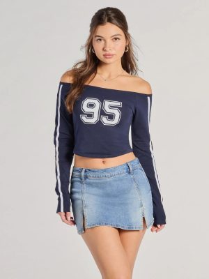 95 Graphic Off-The-Shoulder Striped Crop Top