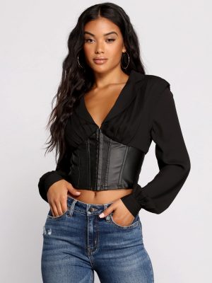 Stunning Satin and Faux Leather Corset Crop Top