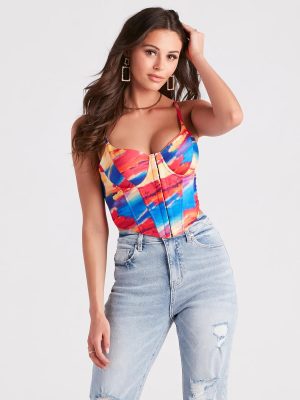 Abstract Allure Watercolor Print Corset Top