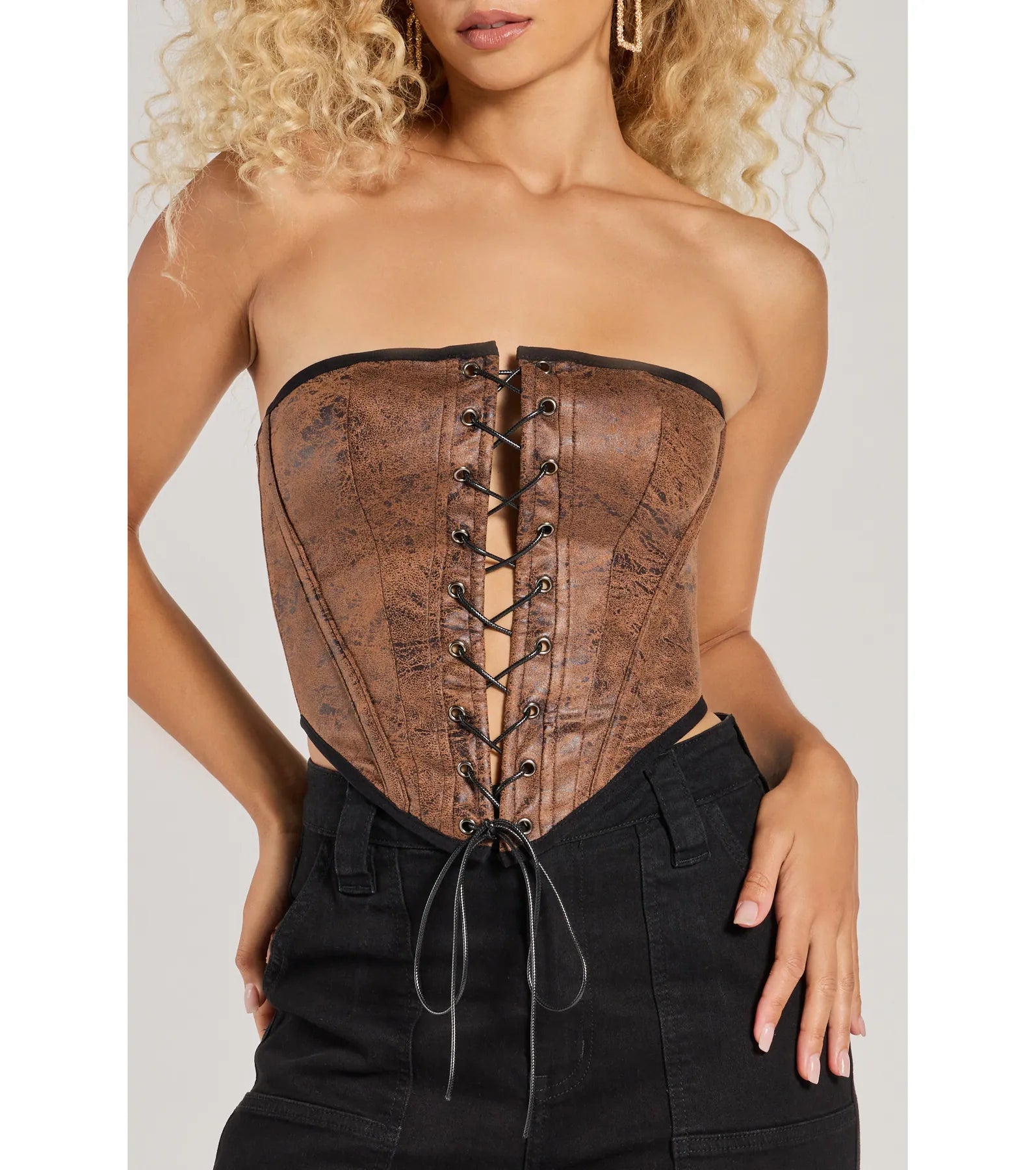 Smooth And Edgy Lace-Up Faux Suede Corset Top - Image 4