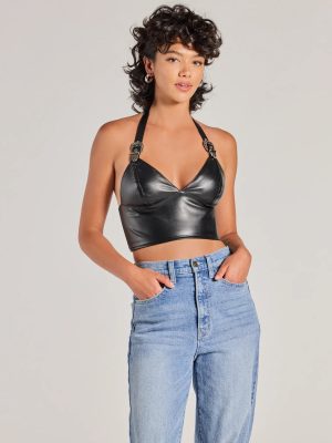 Bold Buckle Halter Strap Faux Leather Crop Top