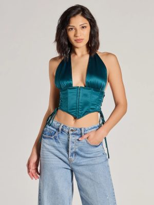 Edgy Luxe Satin Halter Cropped Corset Top