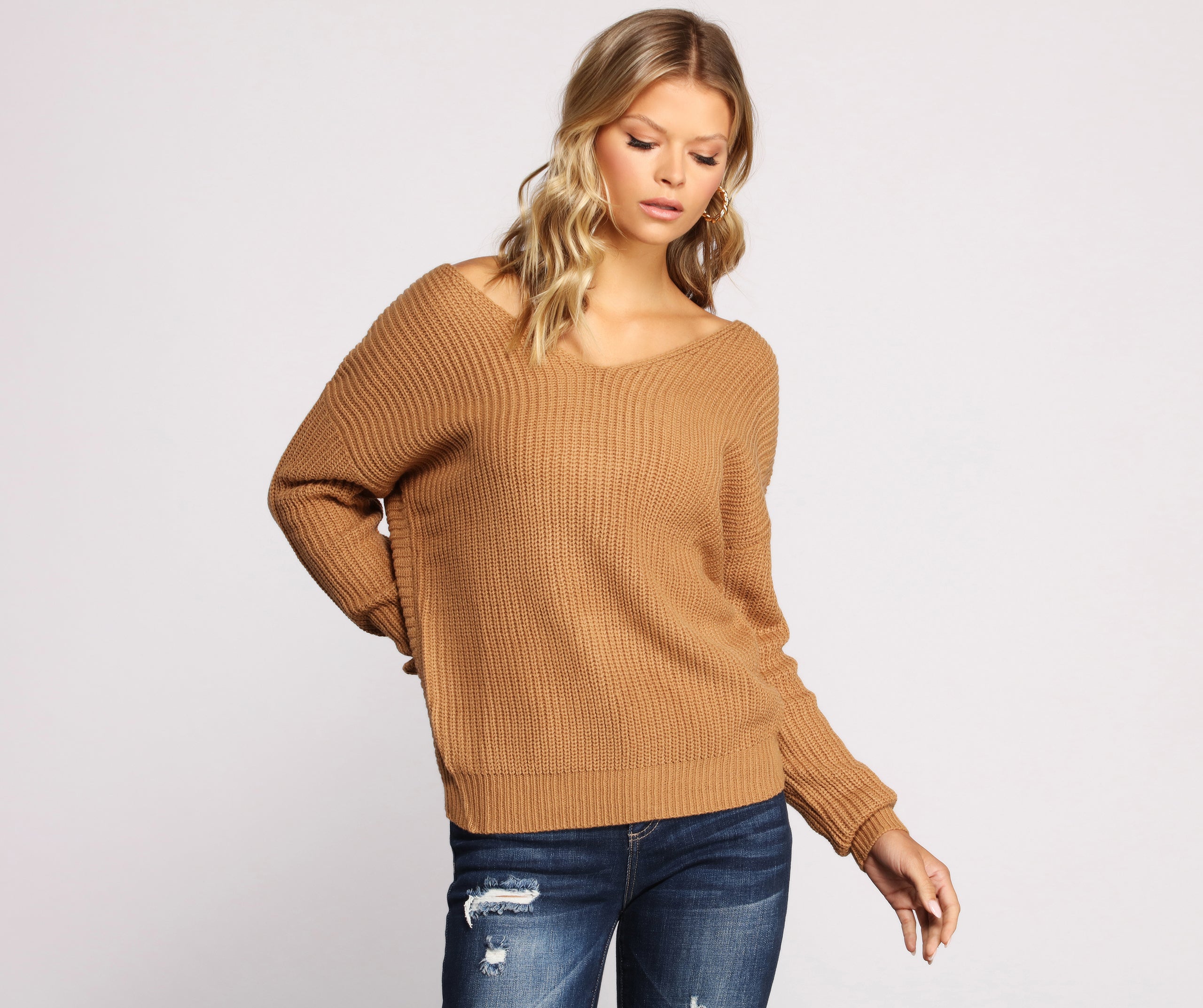 Trendy Knot Back V Neck Sweater - Image 2