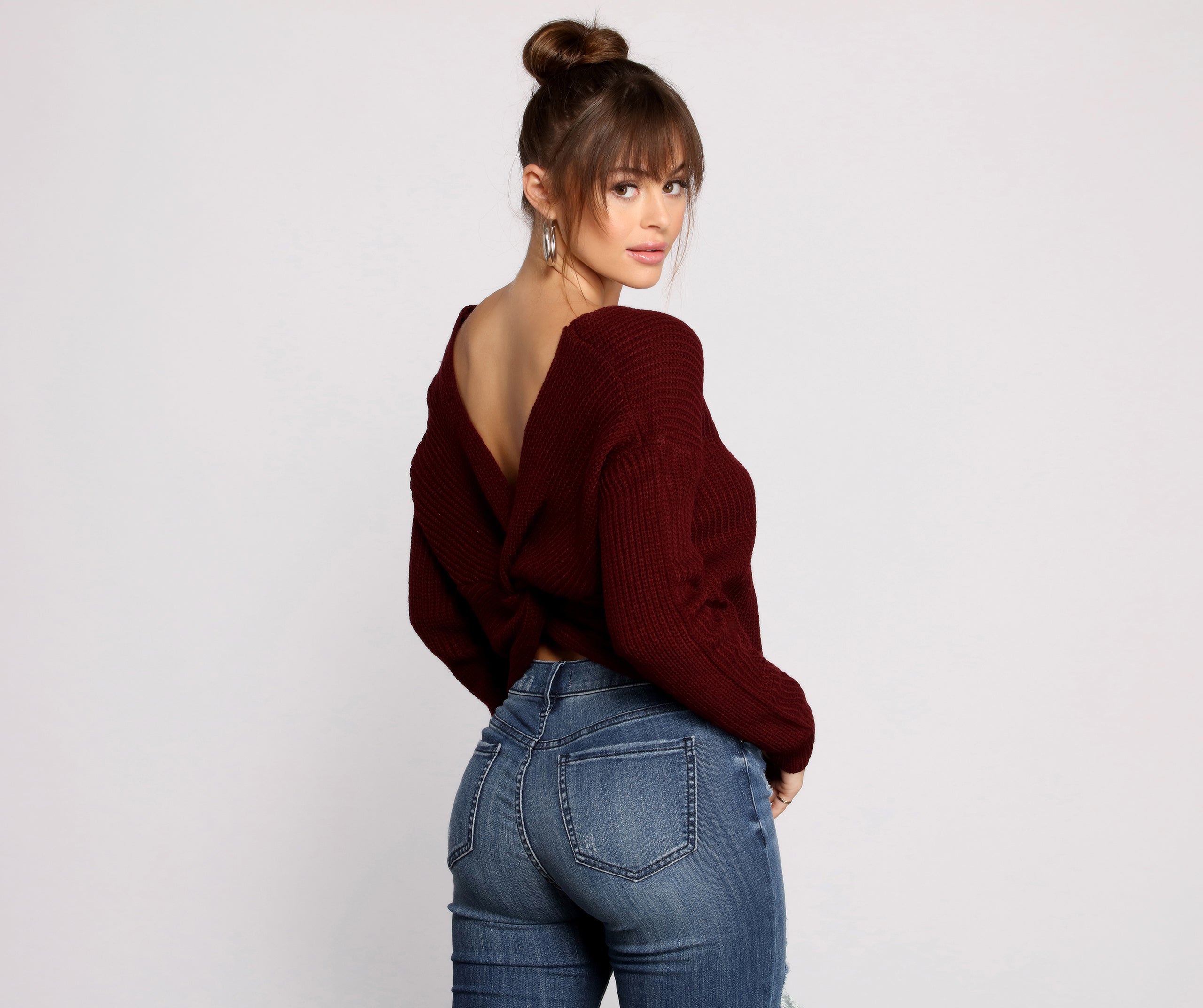 Trendy Knot Back V Neck Sweater - Image 9