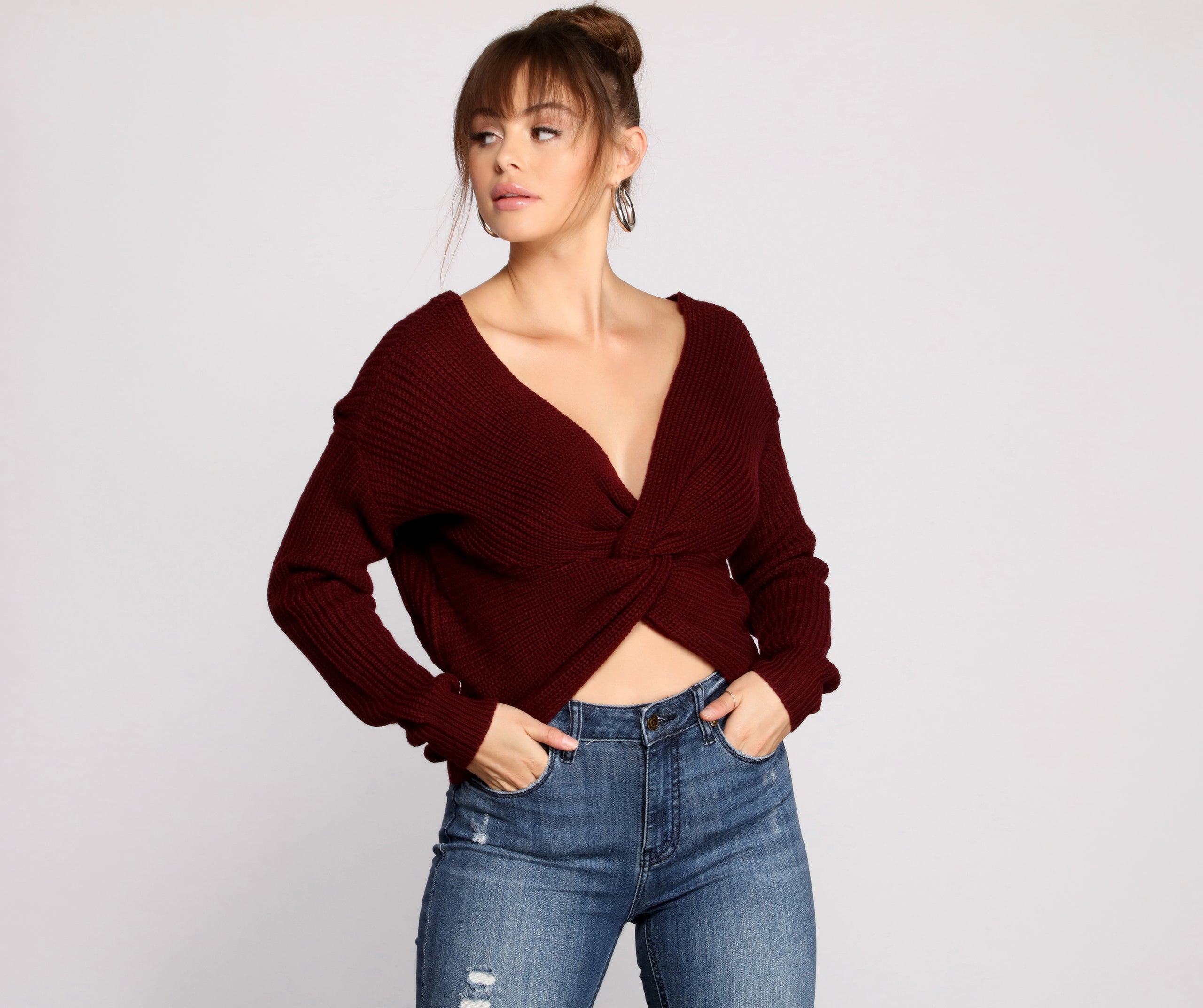 Trendy Knot Back V Neck Sweater - Image 10