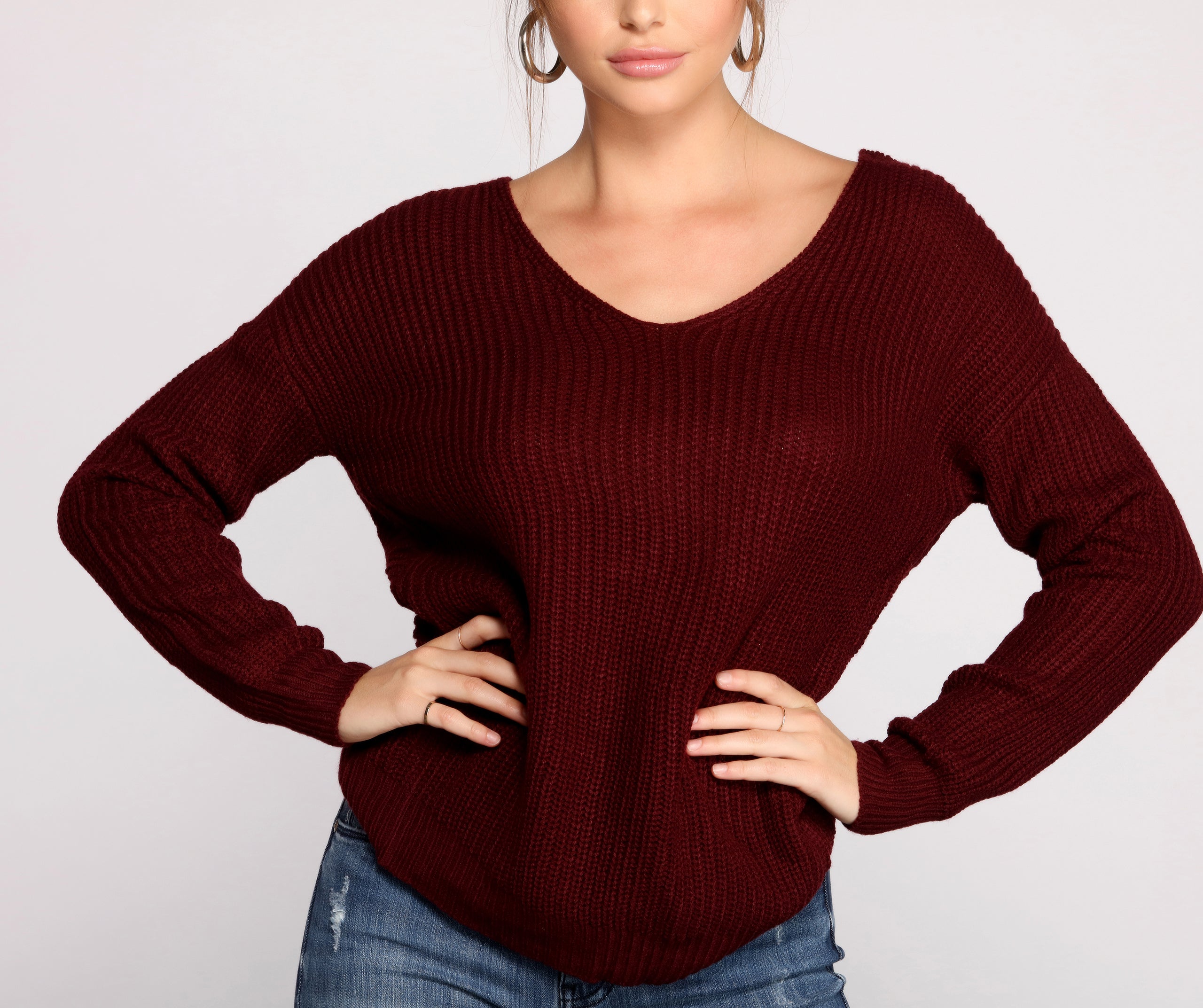 Trendy Knot Back V Neck Sweater - Image 11