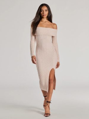 Cozy Luxe Cable Knit Off-The-Shoulder Midi Dress