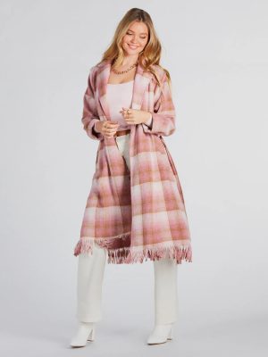 Perfect Plaid Fringe Faux Wool Trench Coat