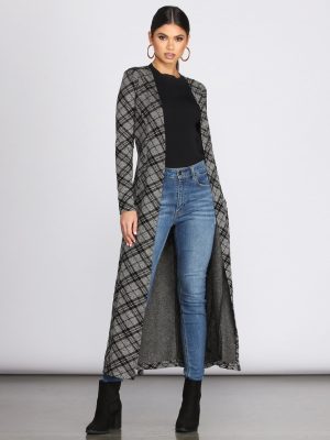 Belted Plaid Knit Duster