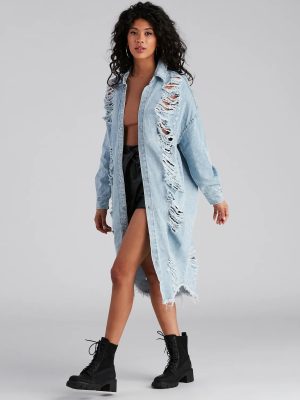 Destroyed Denim Long Line Jacket