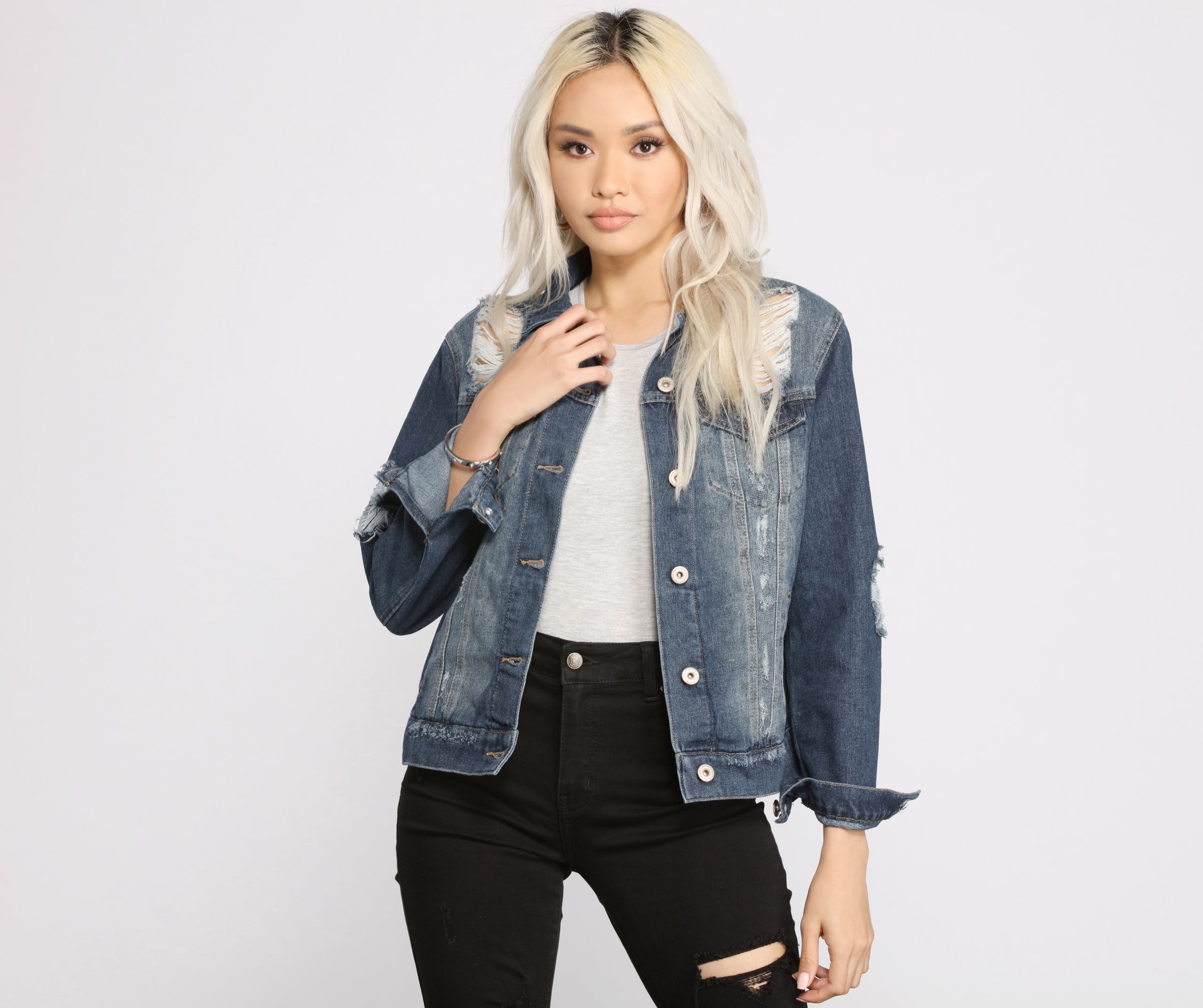 Destructed Boyfriend Denim Jacket - Image 2