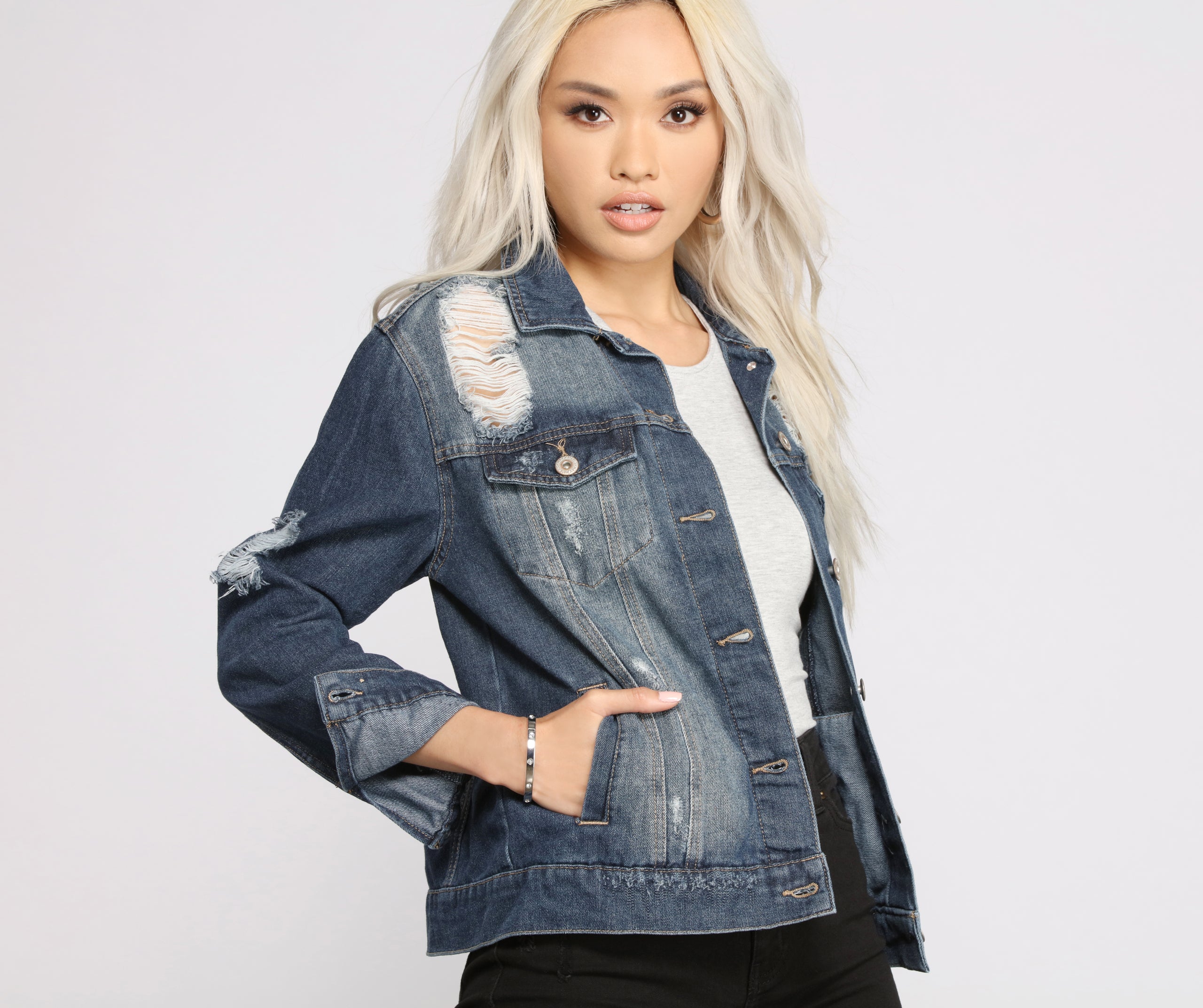 Destructed Boyfriend Denim Jacket - Image 4