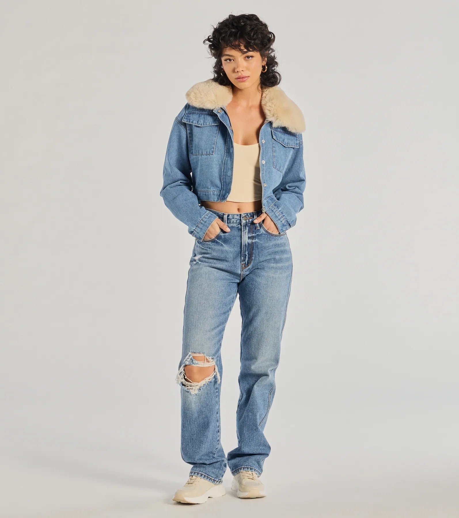 Casual Trendsetter Faux Fur Denim Trucker Jacket - Image 3