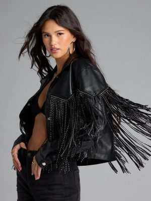 Cause A Scene Stud Fringe Faux Leather Shacket