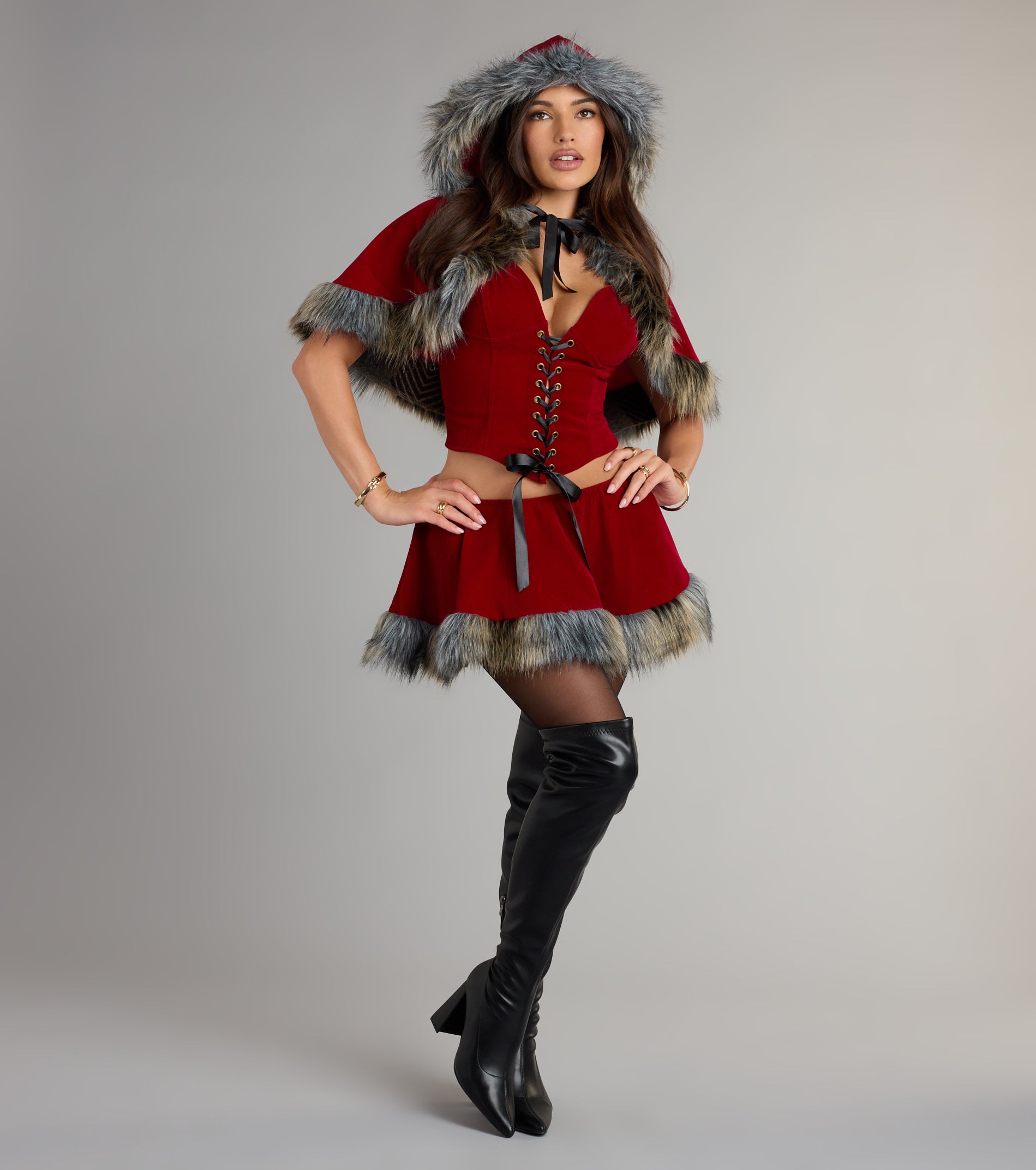 Little Red Velvet Hooded Cape - Image 4