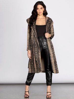 Snake Print Drape Front Long Coat