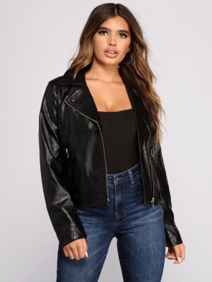Croc Embossed Faux Leather Moto Jacket