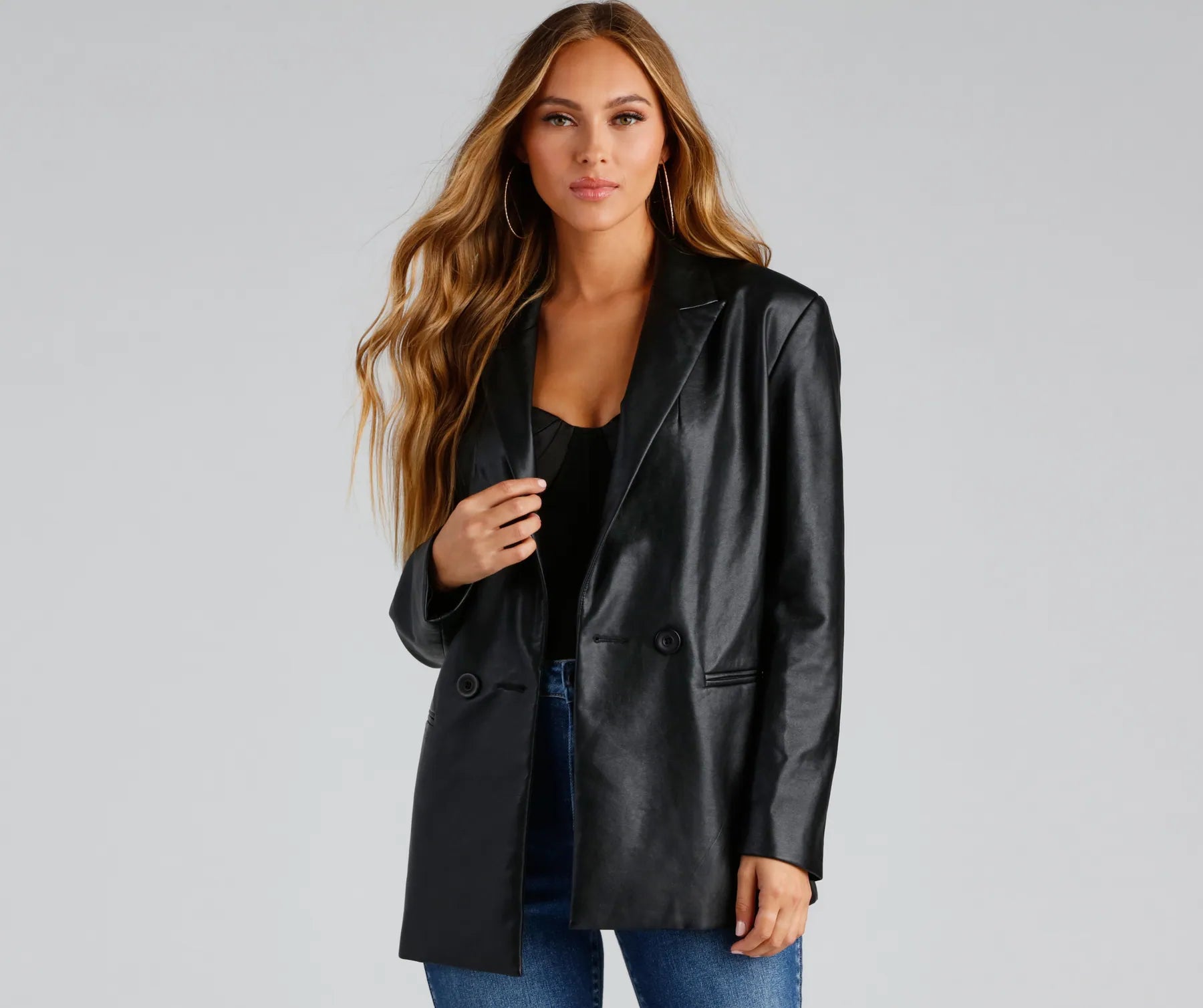 Trendy Oversized Faux Leather Blazer - Image 9