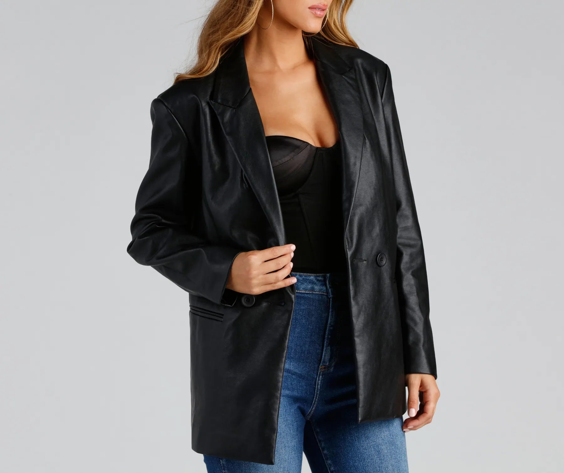 Trendy Oversized Faux Leather Blazer - Image 11