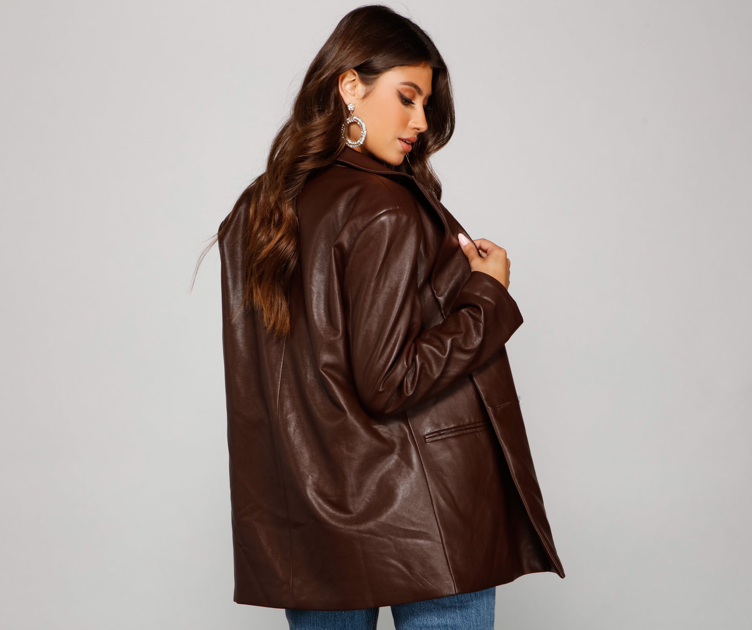 Trendy Oversized Faux Leather Blazer - Image 6
