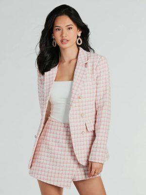 Preppy Beauty Tweed Faux Pearl Button Plaid Blazer