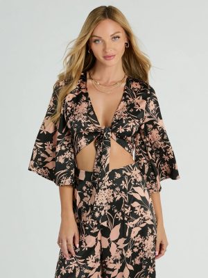 Flawless Floral Kimono Tie-Front Satin Crop Top