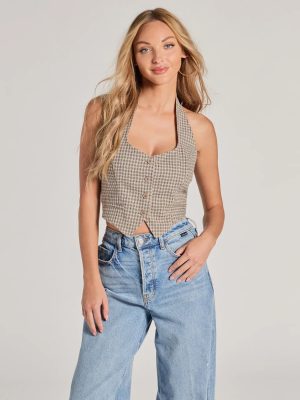 Keep On Charming Plaid Linen Cropped Vest