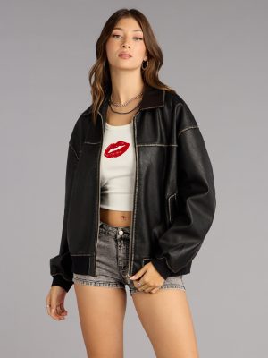 Vintage Chic Faux Leather Oversized Bomber Jacket