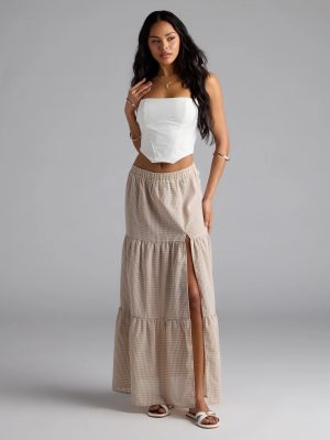Vintage Charm Gingham Slit Peasant Maxi Skirt
