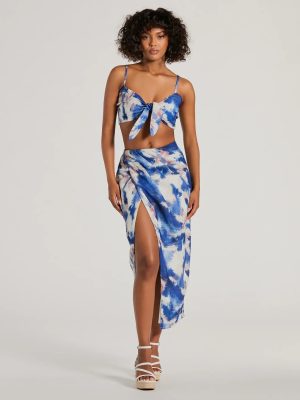 Chic Muse Watercolor Wrap-Slit Midi Skirt