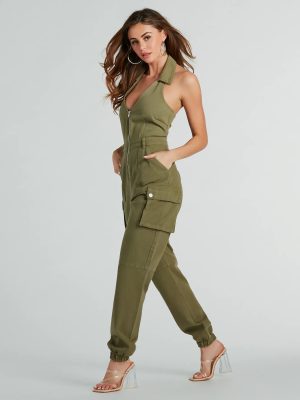 On The Hit List Halter Cargo Jogger Denim Jumpsuit